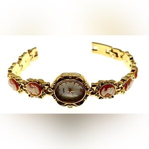 Vintage Cameo Link Bracelet Watch Gold Tone Pink Cameo Watch Needs Battery